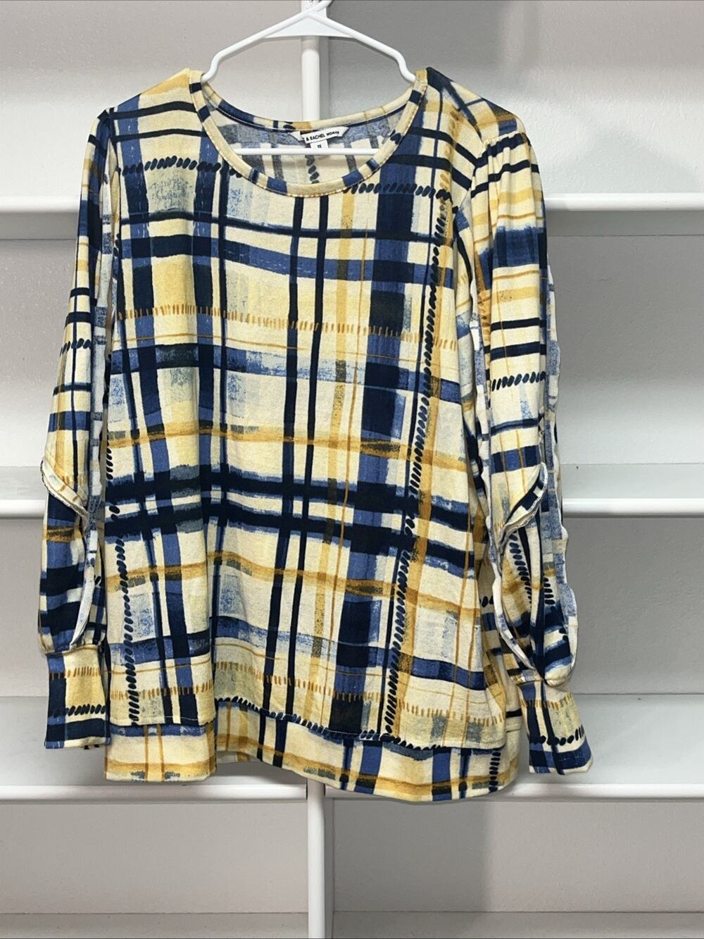 Women’s Zac & Rachel Puff Sleeve Country Plaid Ruffle Accent Sweater 1X